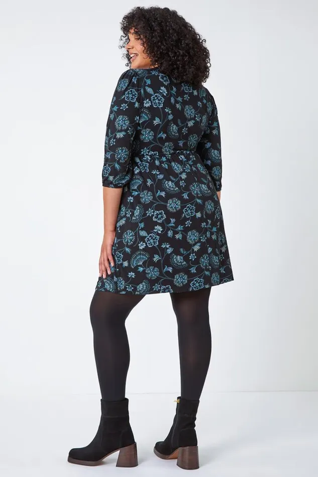 Women Teal Curve Floral Print Smock Stretch Dress Roman Dresses