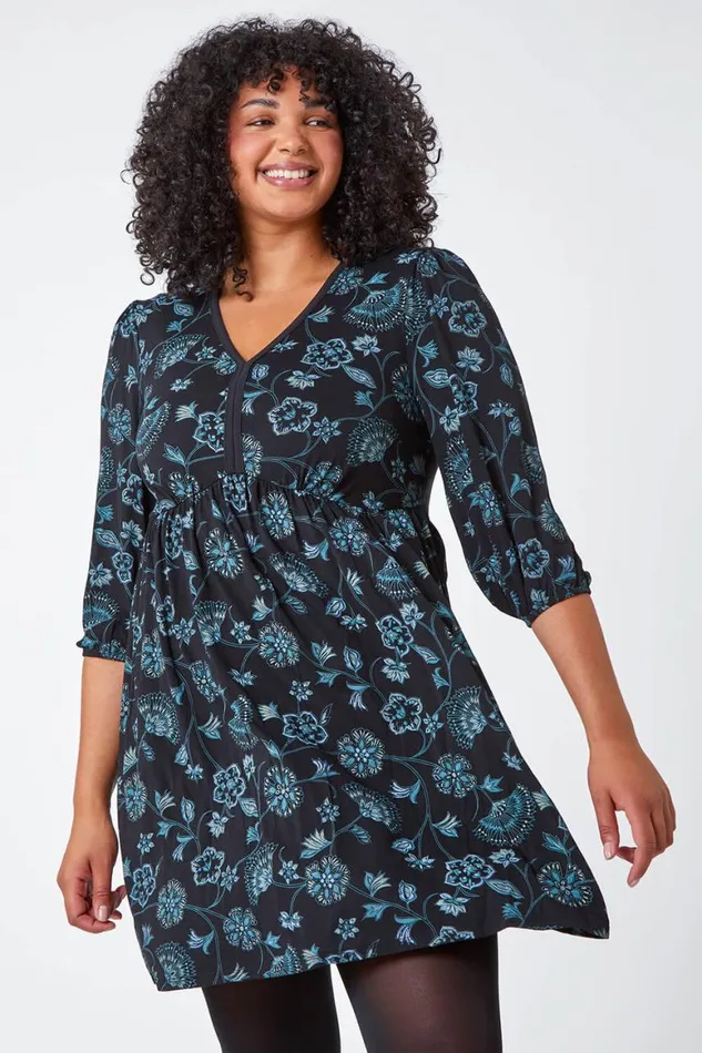 Women Teal Curve Floral Print Smock Stretch Dress Roman Dresses
