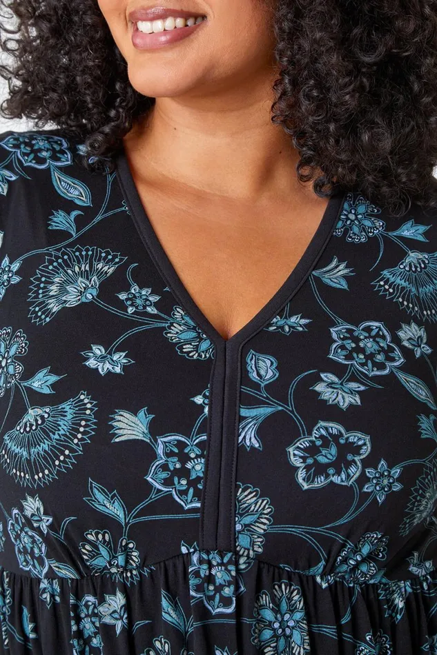 Women Teal Curve Floral Print Smock Stretch Dress Roman Dresses