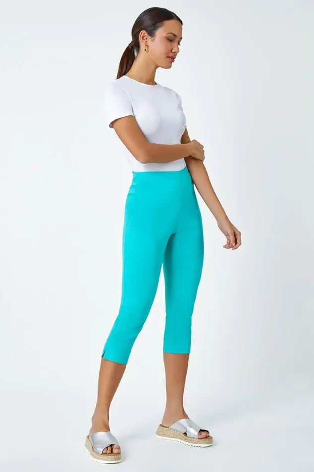 Women Teal Elastic Waist Stretch Cropped Trousers Roman Trousers