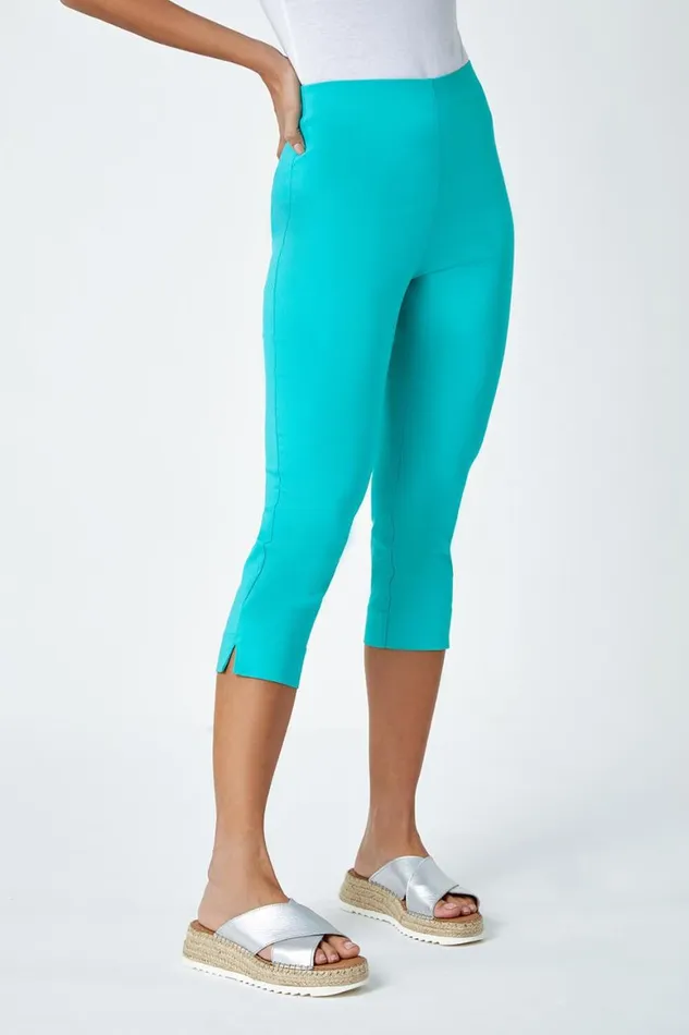Women Teal Elastic Waist Stretch Cropped Trousers Roman Trousers