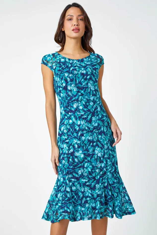 Women Teal Floral Print Lace Midi Stretch Dress Roman Dresses