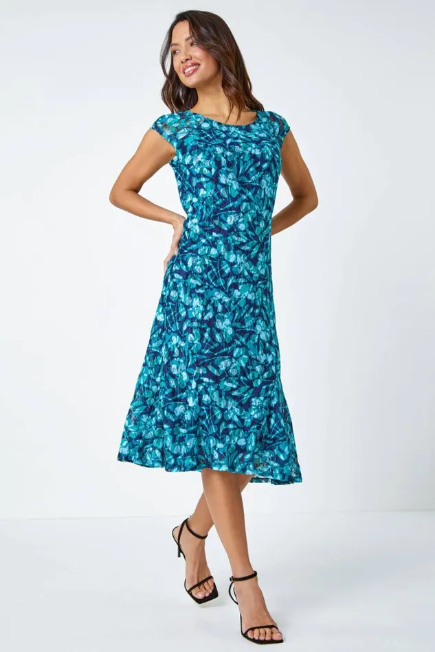 Women Teal Floral Print Lace Midi Stretch Dress Roman Dresses