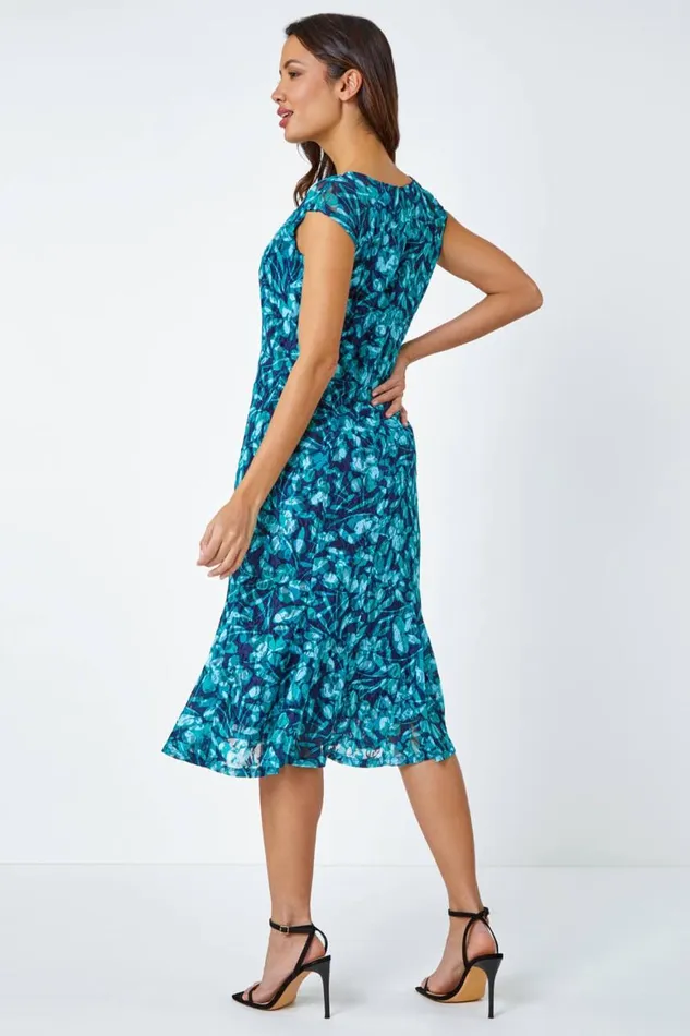 Women Teal Floral Print Lace Midi Stretch Dress Roman Dresses