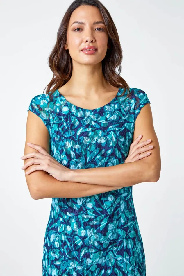 Women Teal Floral Print Lace Midi Stretch Dress Roman Dresses