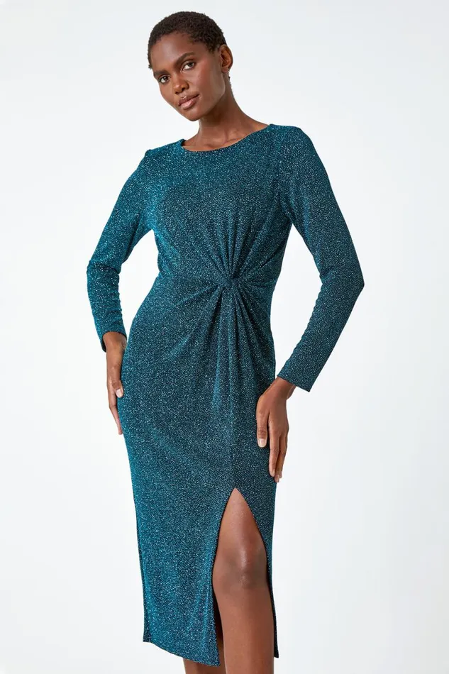 Women Teal Glitter Twist Detail Stretch Dress Roman Dresses