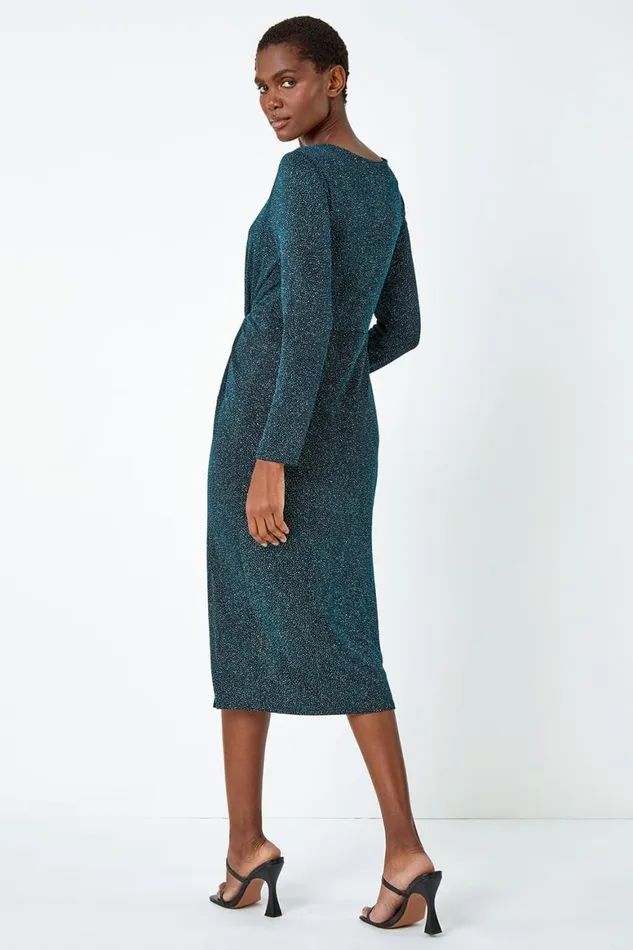 Women Teal Glitter Twist Detail Stretch Dress Roman Dresses