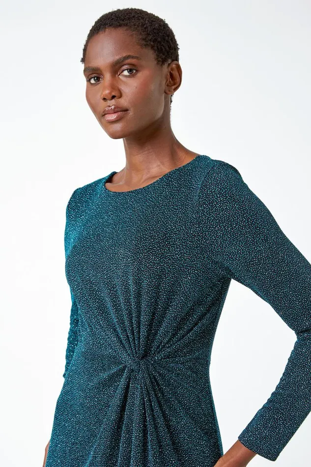 Women Teal Glitter Twist Detail Stretch Dress Roman Dresses
