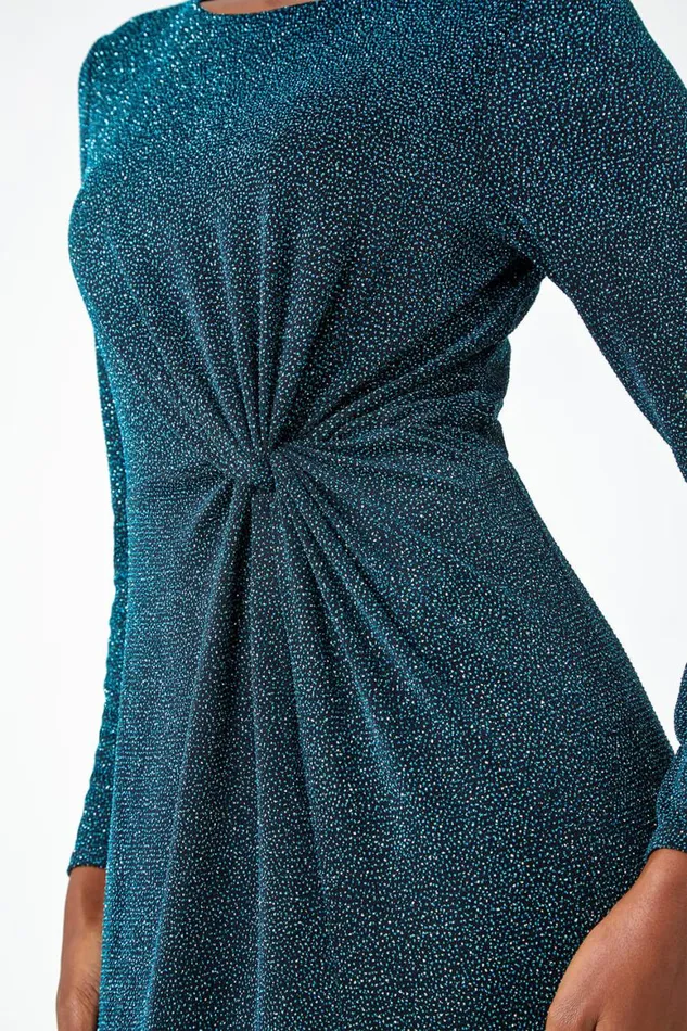 Women Teal Glitter Twist Detail Stretch Dress Roman Dresses