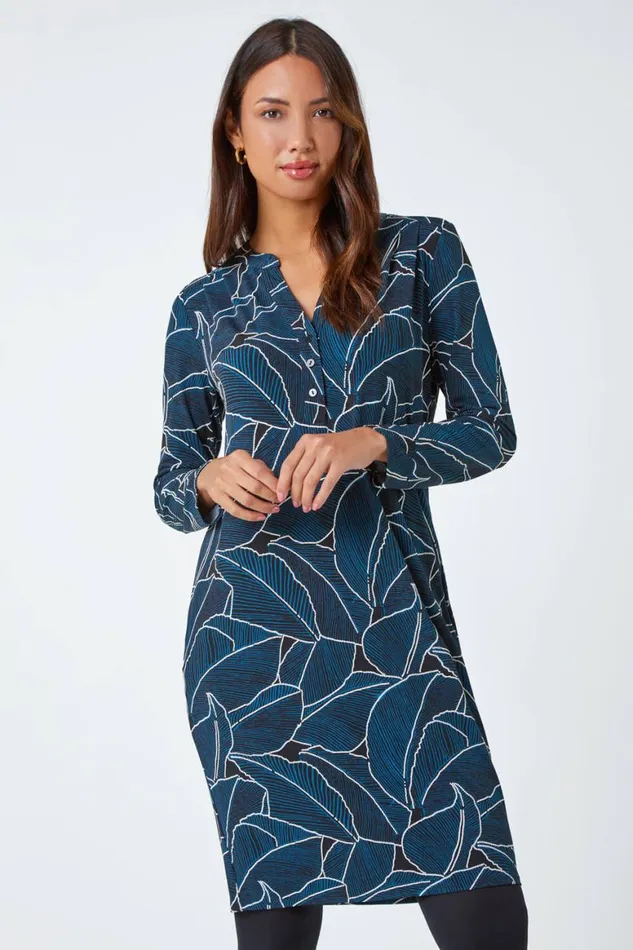 Women Teal Leaf Print Cocoon Stretch Dress Roman Dresses