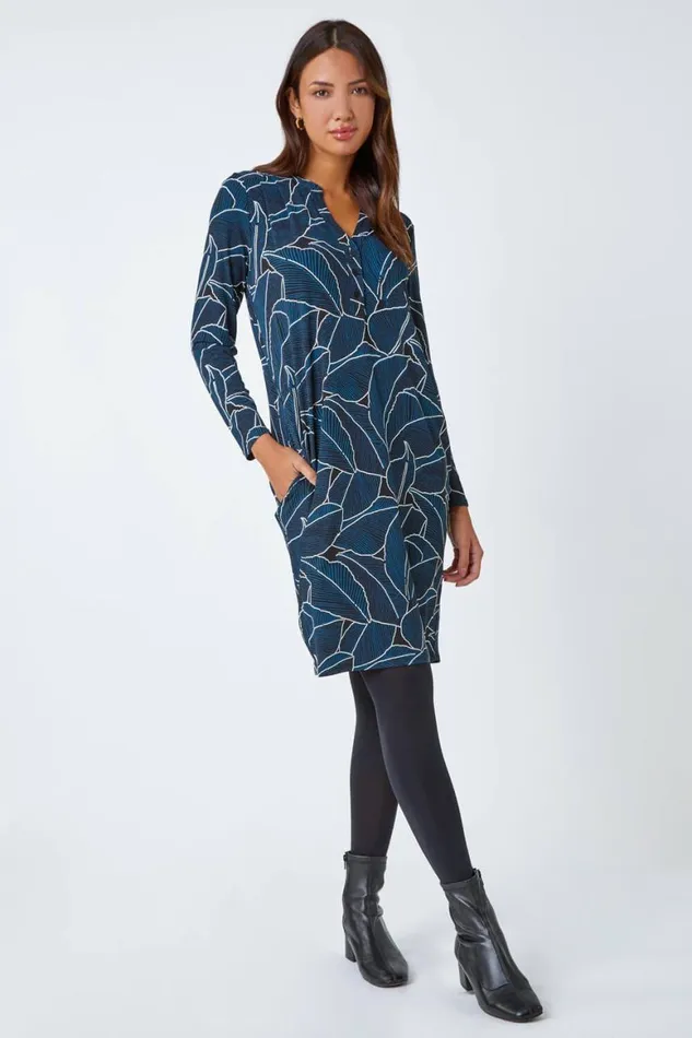 Women Teal Leaf Print Cocoon Stretch Dress Roman Dresses