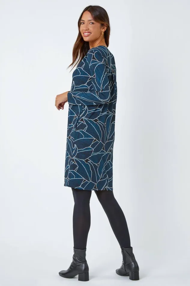 Women Teal Leaf Print Cocoon Stretch Dress Roman Dresses