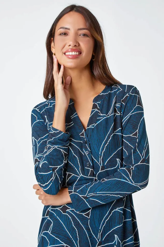 Women Teal Leaf Print Cocoon Stretch Dress Roman Dresses