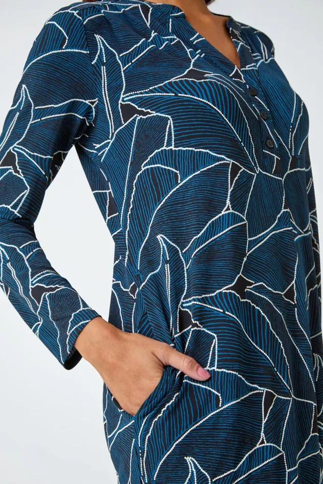Women Teal Leaf Print Cocoon Stretch Dress Roman Dresses