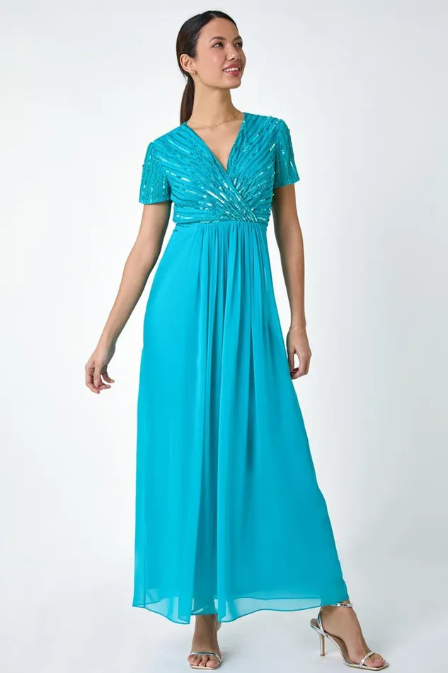 Women Teal Sequin Embellished Maxi Dress Roman Dresses