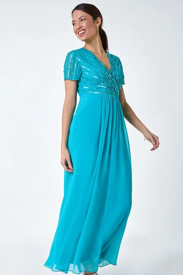 Women Teal Sequin Embellished Maxi Dress Roman Dresses