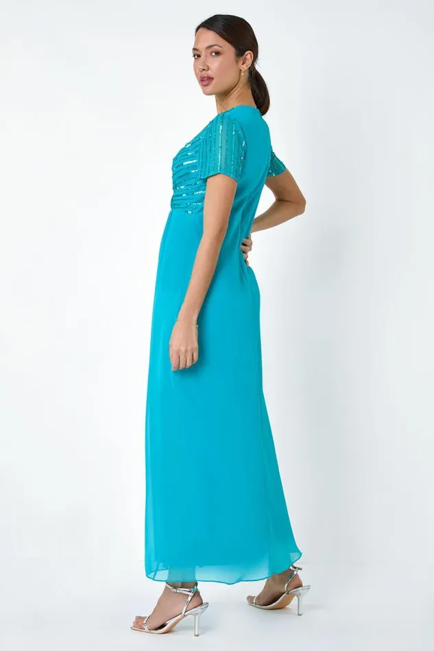 Women Teal Sequin Embellished Maxi Dress Roman Dresses
