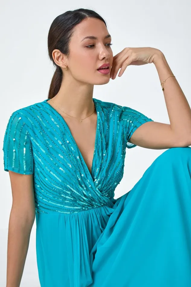 Women Teal Sequin Embellished Maxi Dress Roman Dresses