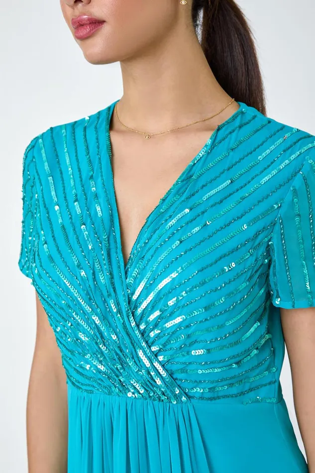 Women Teal Sequin Embellished Maxi Dress Roman Dresses