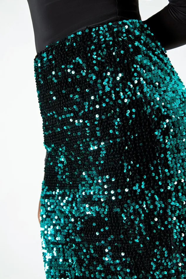 Women Teal Sequin Embellished Velour Stretch Skirt Roman Occasionwear