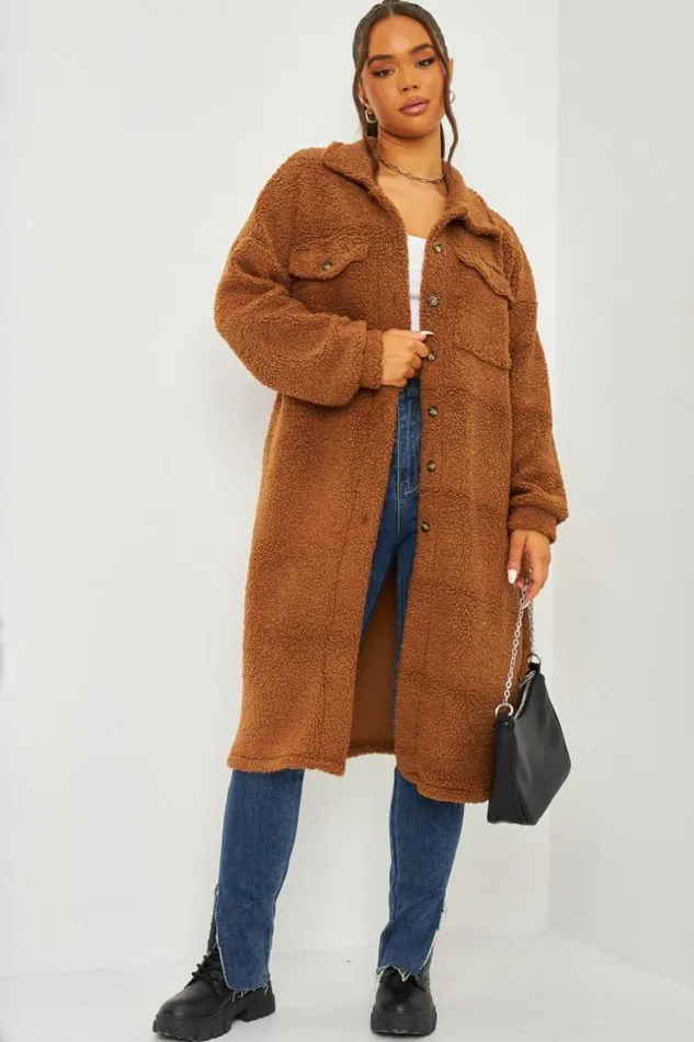 Women Teddy Borg Longline Overshirt In Brown Brown Brentiny Paris Jackets