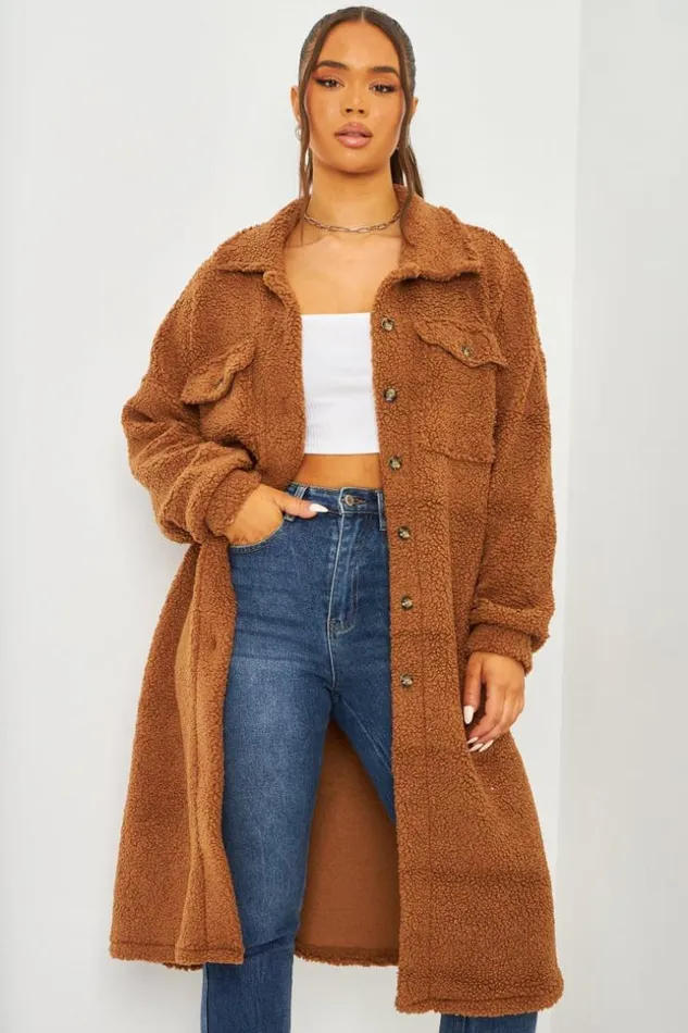 Women Teddy Borg Longline Overshirt In Brown Brown Brentiny Paris Jackets