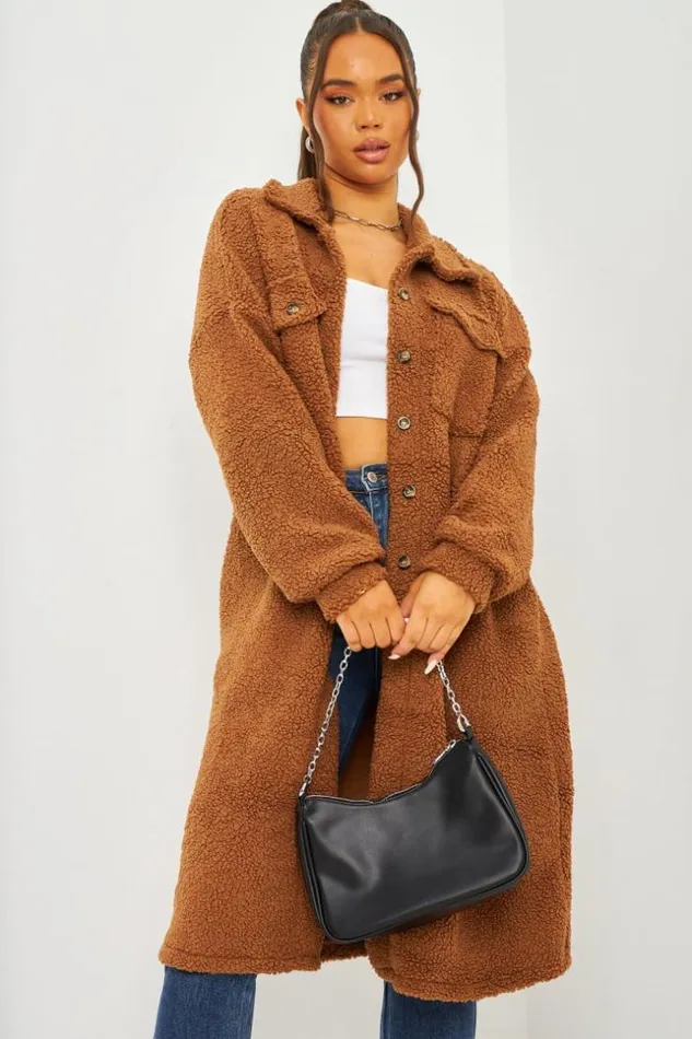 Women Teddy Borg Longline Overshirt In Brown Brown Brentiny Paris Jackets