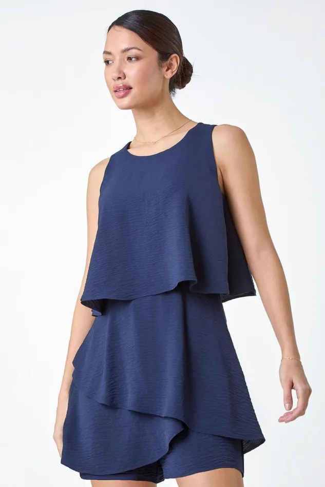 Women Textured Plain Tiered Playsuit Roman Dresses