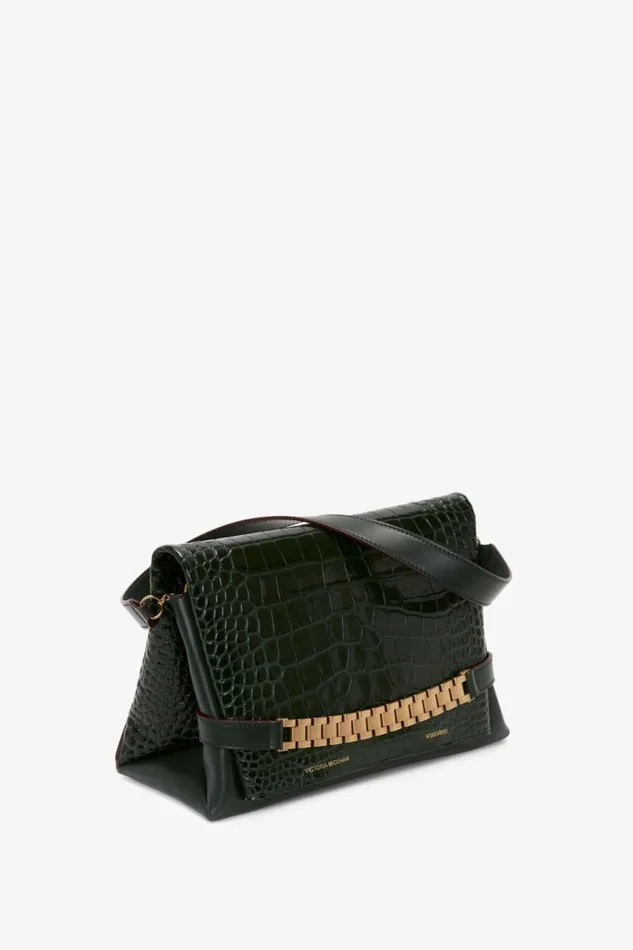Women The Chain Pouch Victoria Beckham Chain Pouch With Strap In Dark Forest CrocEffect Leather