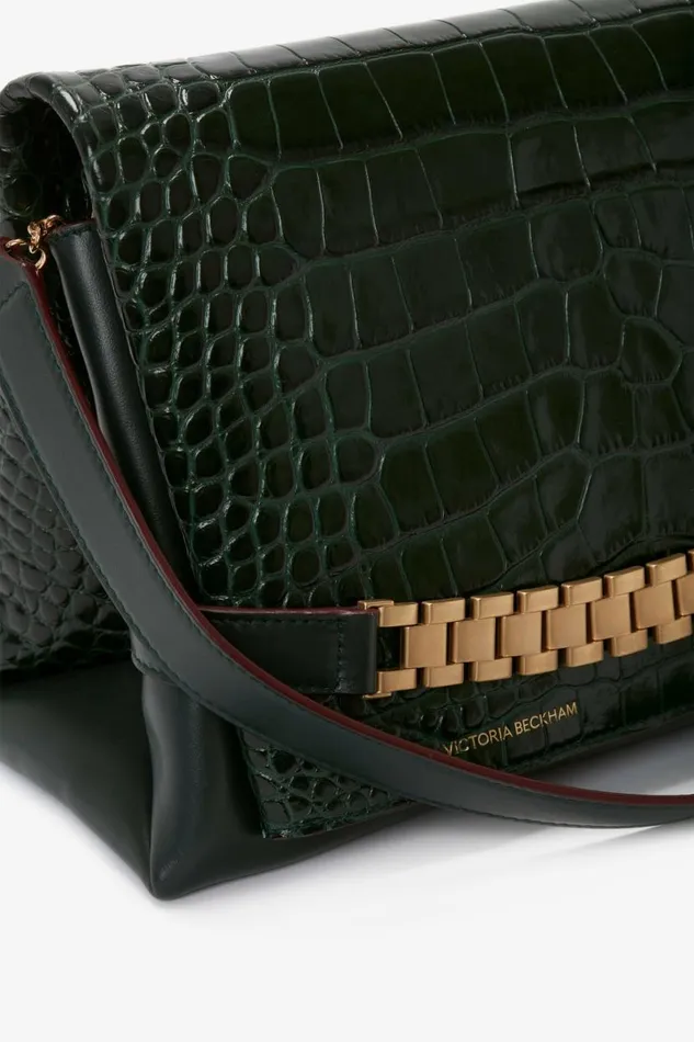 Women The Chain Pouch Victoria Beckham Chain Pouch With Strap In Dark Forest CrocEffect Leather