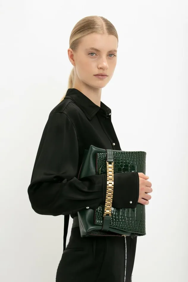 Women The Chain Pouch Victoria Beckham Chain Pouch With Strap In Dark Forest CrocEffect Leather