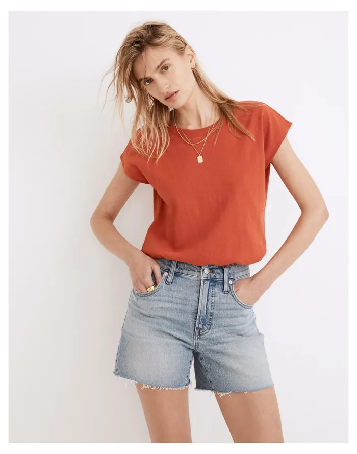 Women The Perfect Long Jean Short In Russett Wash Russett Wash Madewell Shorts