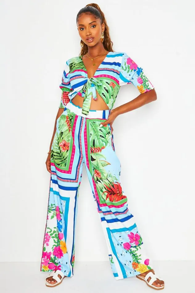 Women Tie Front Jumpsuit With Graphic Print In Blue Blue Brentiny Paris Pants