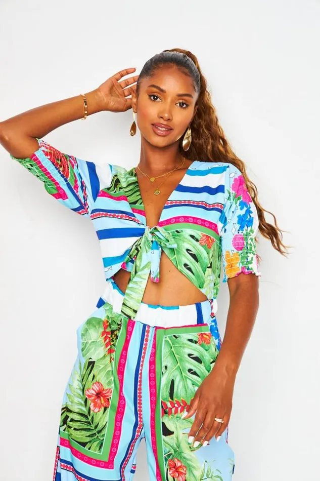 Women Tie Front Jumpsuit With Graphic Print In Blue Blue Brentiny Paris Pants