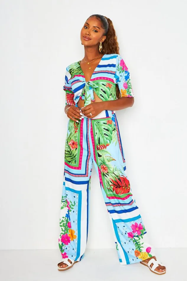 Women Tie Front Jumpsuit With Graphic Print In Blue Blue Brentiny Paris Pants