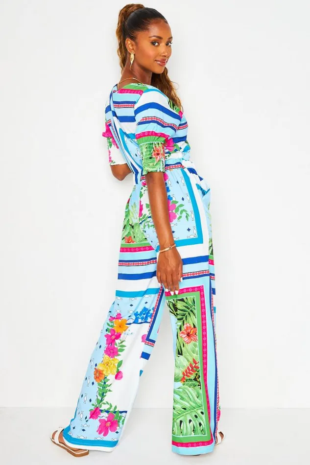 Women Tie Front Jumpsuit With Graphic Print In Blue Blue Brentiny Paris Pants