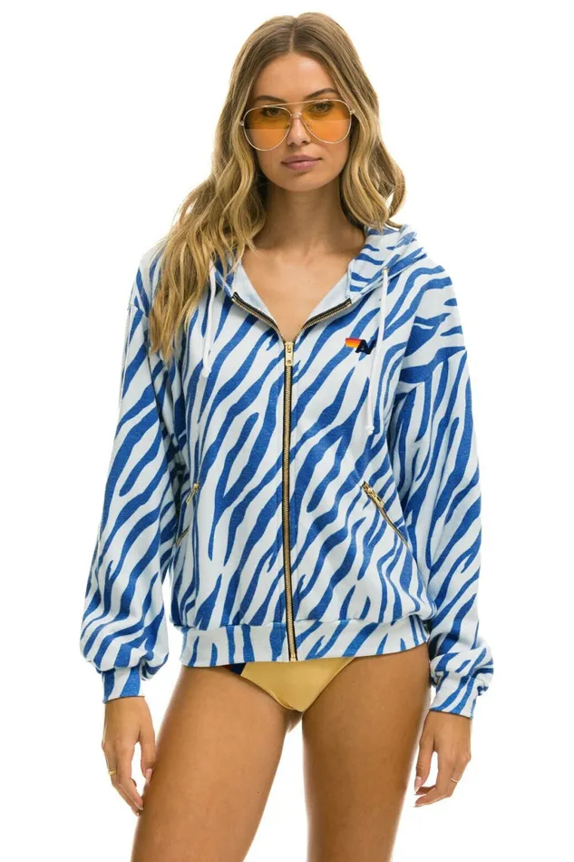 Women TIGER RELAXED ZIP HOODIE WITH POCKETS 8211 BLUE TIGER Aviator Nation Hoodies