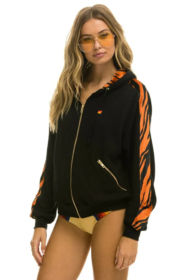 Women TIGER STRIPE RELAXED ZIP HOODIE WITH POCKETS 8211 BLACK TIGER Aviator Nation Hoodies Women TIGER STRIPE RELAXED ZIP HOODIE WITH POCKETS 8211 BLACK TIGER Aviator Nation Hoodies