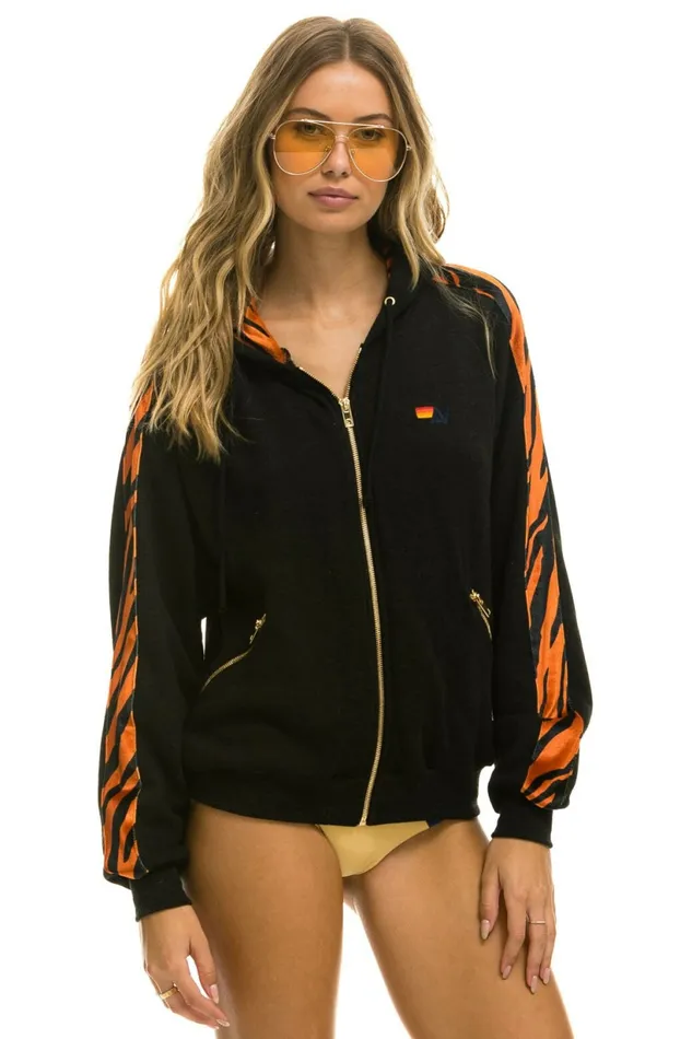 Women TIGER STRIPE RELAXED ZIP HOODIE WITH POCKETS 8211 BLACK TIGER Aviator Nation Hoodies Women TIGER STRIPE RELAXED ZIP HOODIE WITH POCKETS 8211 BLACK TIGER Aviator Nation Hoodies