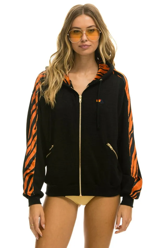 Women TIGER STRIPE RELAXED ZIP HOODIE WITH POCKETS 8211 BLACK TIGER Aviator Nation Hoodies Women TIGER STRIPE RELAXED ZIP HOODIE WITH POCKETS 8211 BLACK TIGER Aviator Nation Hoodies