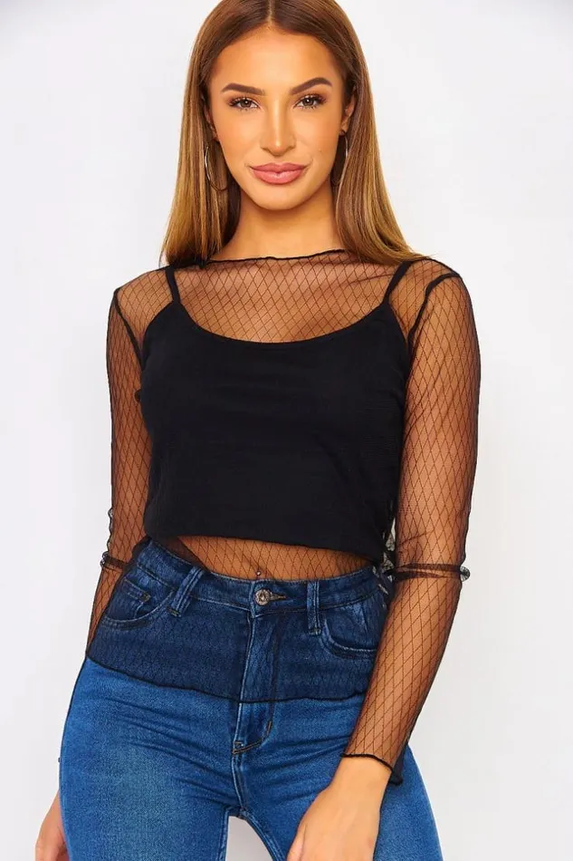 Women Top Manches Longues En Voile Transparent Noir Quadrill Black Brentiny Paris Lace Tops Women Top Manches Longues En Voile Transparent Noir Quadrill Black Brentiny Paris Lace Tops