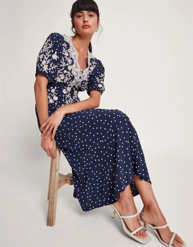 Women Tori Spot Embroidered Tea Dress Blue Monsoon Dresses