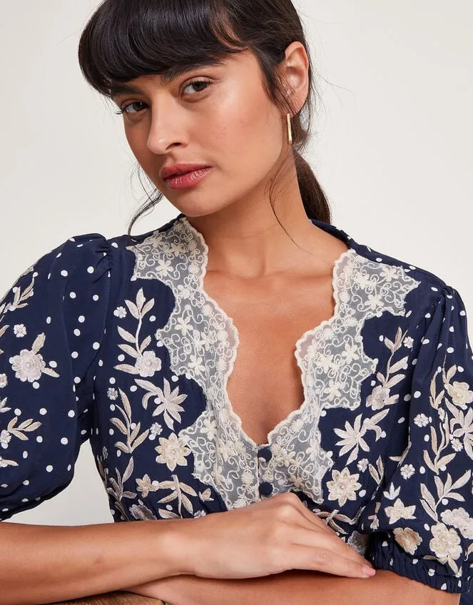 Women Tori Spot Embroidered Tea Dress Blue Monsoon Dresses