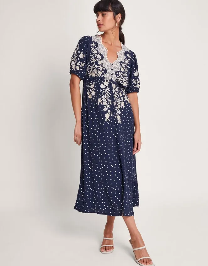 Women Tori Spot Embroidered Tea Dress Blue Monsoon Dresses
