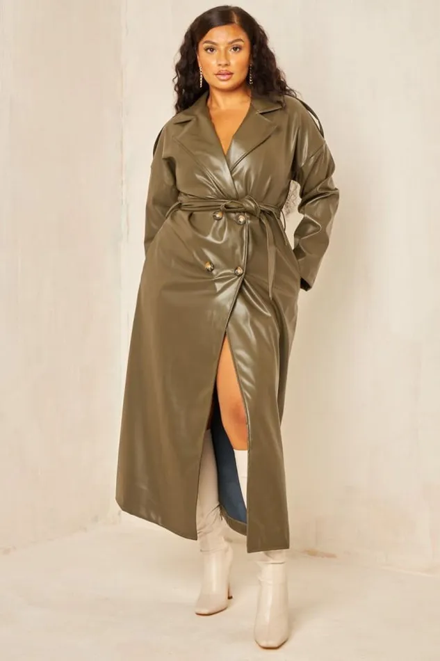 Women Trench Kaki En Simili Cuir Ceinture Khaki Brentiny Paris Jackets