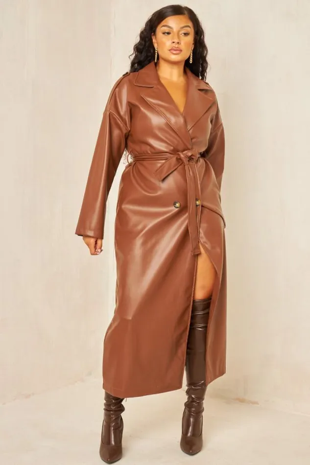 Women Trench Marron En Simili Cuir Ceinture Brown Brentiny Paris Jackets