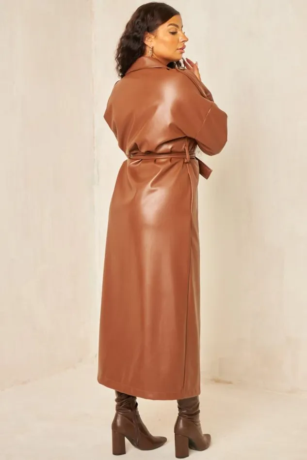 Women Trench Marron En Simili Cuir Ceinture Brown Brentiny Paris Jackets