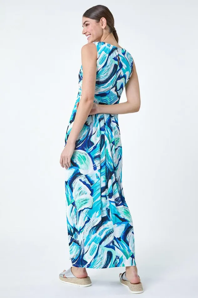 Women Turquoise Abstract Print V Neck Maxi Dress Roman Dresses