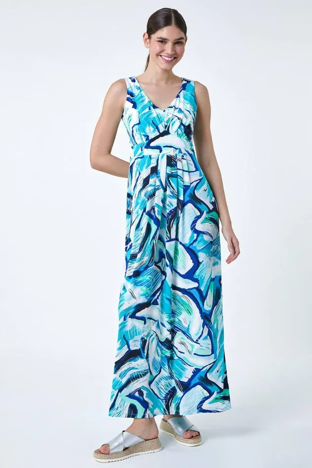 Women Turquoise Abstract Print V Neck Maxi Dress Roman Dresses
