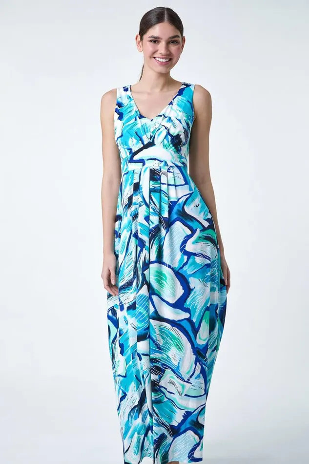 Women Turquoise Abstract Print V Neck Maxi Dress Roman Dresses